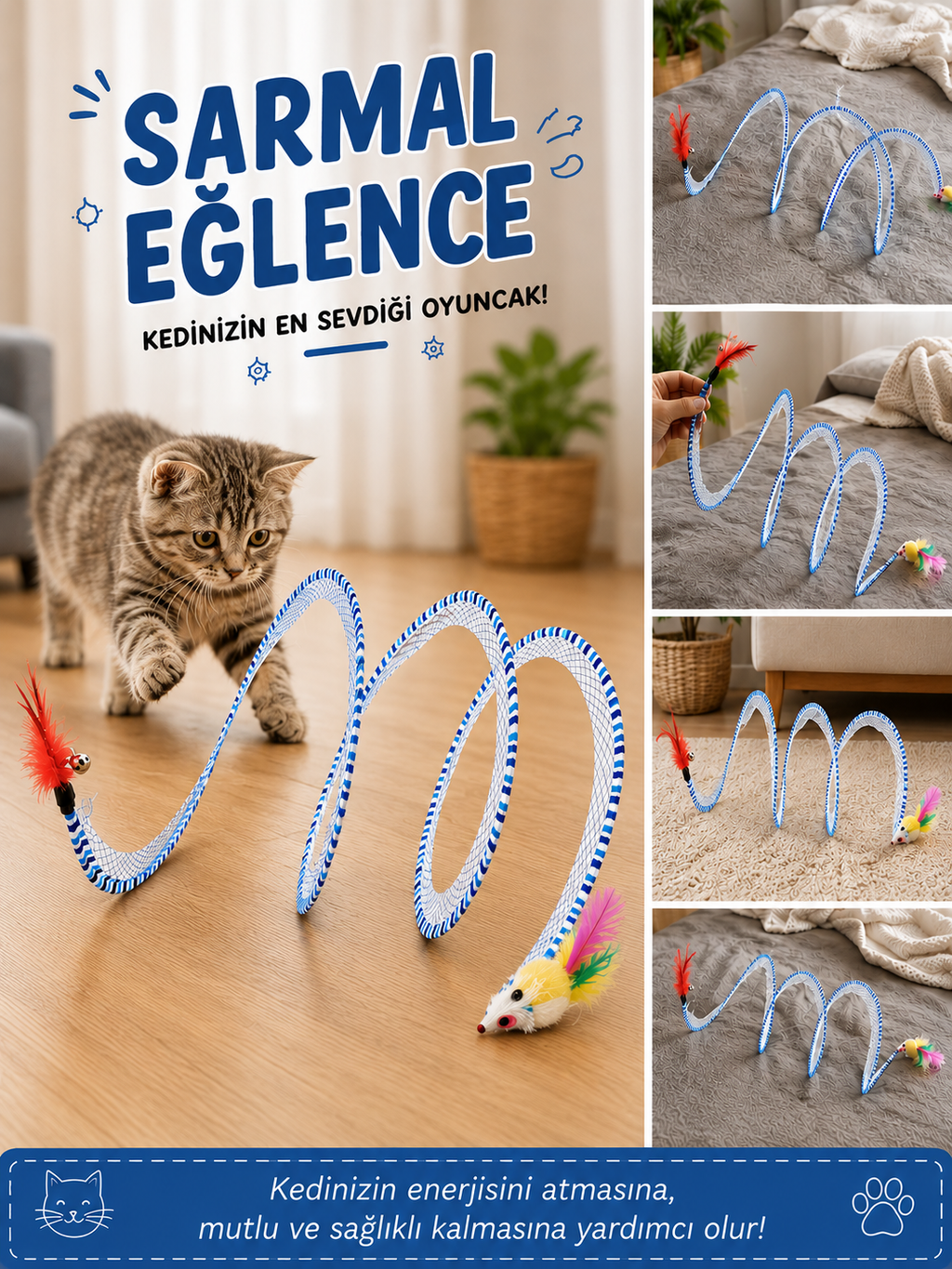 Spiral Yaylı Kedi Oyuncağı – Tüylü ve Fare Figürlü İnteraktif Kedi Oyuncağı