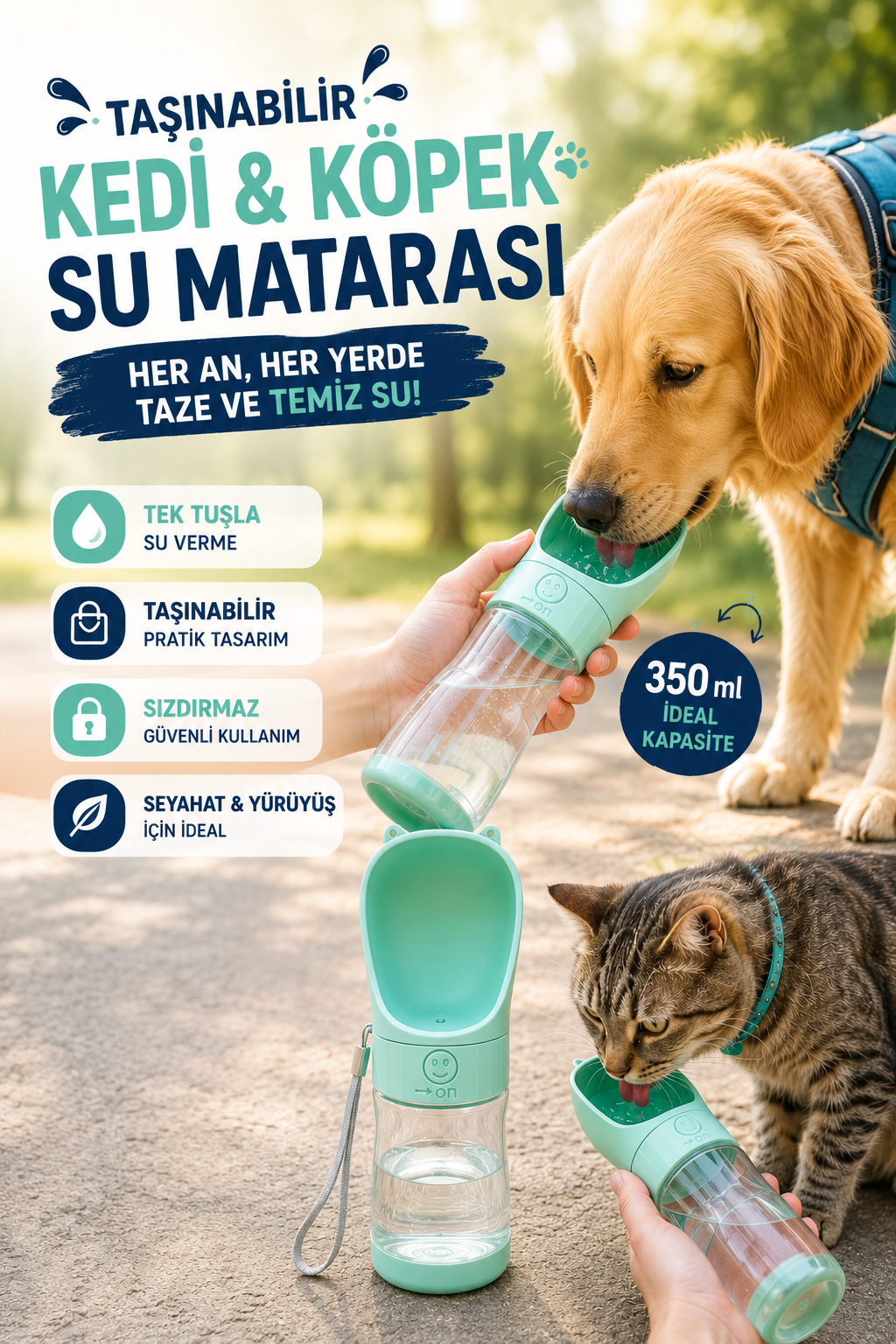 Taşınabilir Kedi & Köpek Su Matarası 350 ml – Seyahat ve Yürüyüş İçin Pratik Suluk