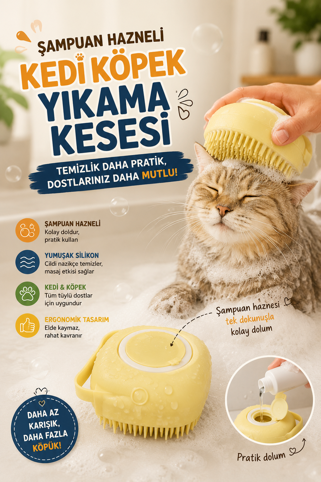 Şampuan Hazneli Kedi & Köpek Yıkama Kesesi – Silikon Masaj ve Banyo Fırçası