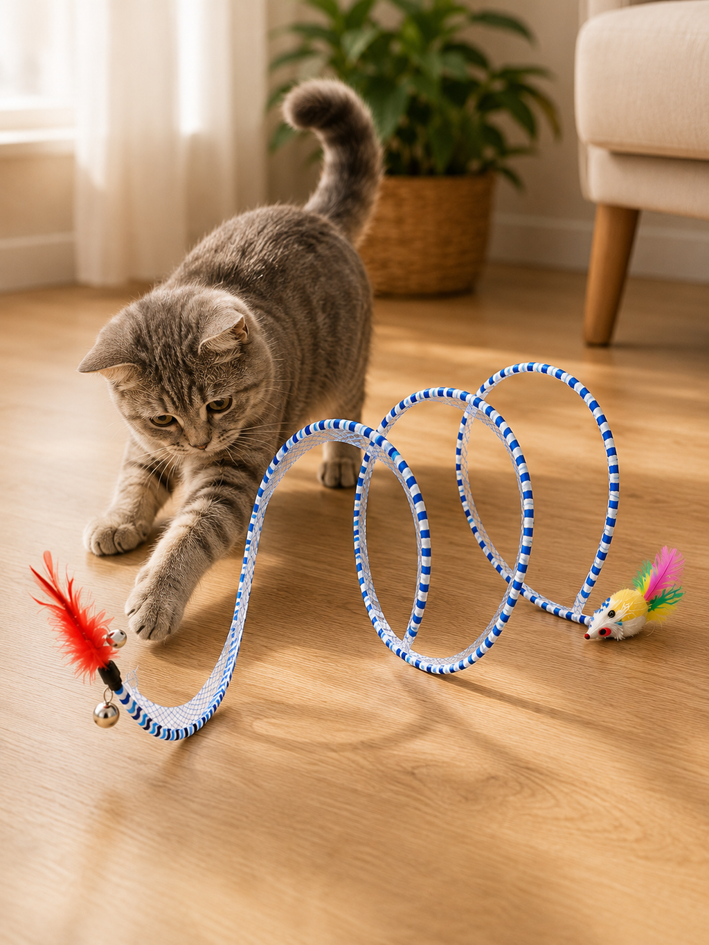 Spiral Yaylı Kedi Oyuncağı – Tüylü ve Fare Figürlü İnteraktif Kedi Oyuncağı