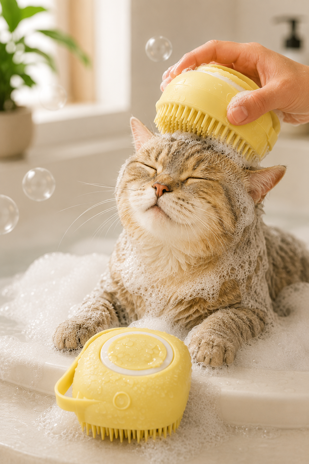 Şampuan Hazneli Kedi & Köpek Yıkama Kesesi – Silikon Masaj ve Banyo Fırçası