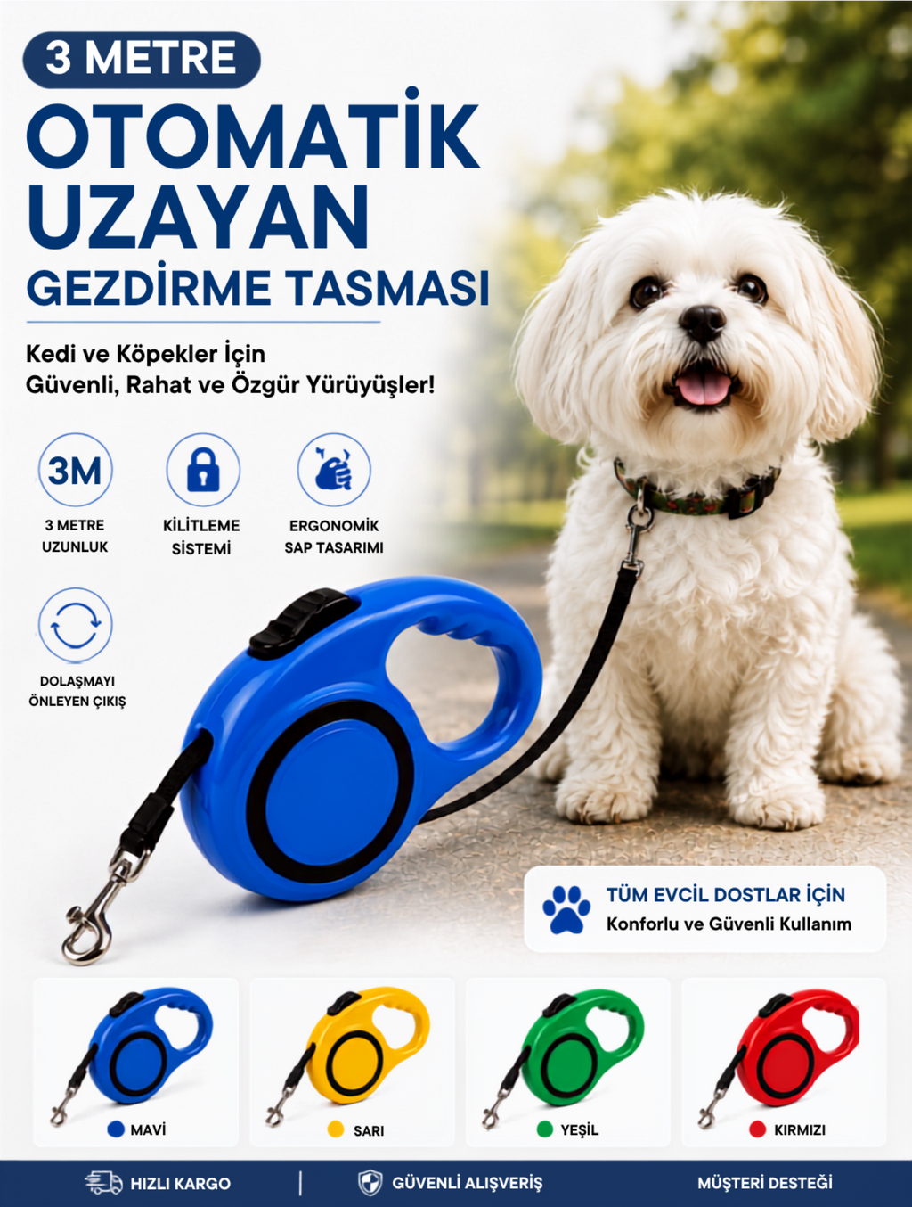 Otomatik Uzayan Kedi ve Kopek Tasması 3 METRE
